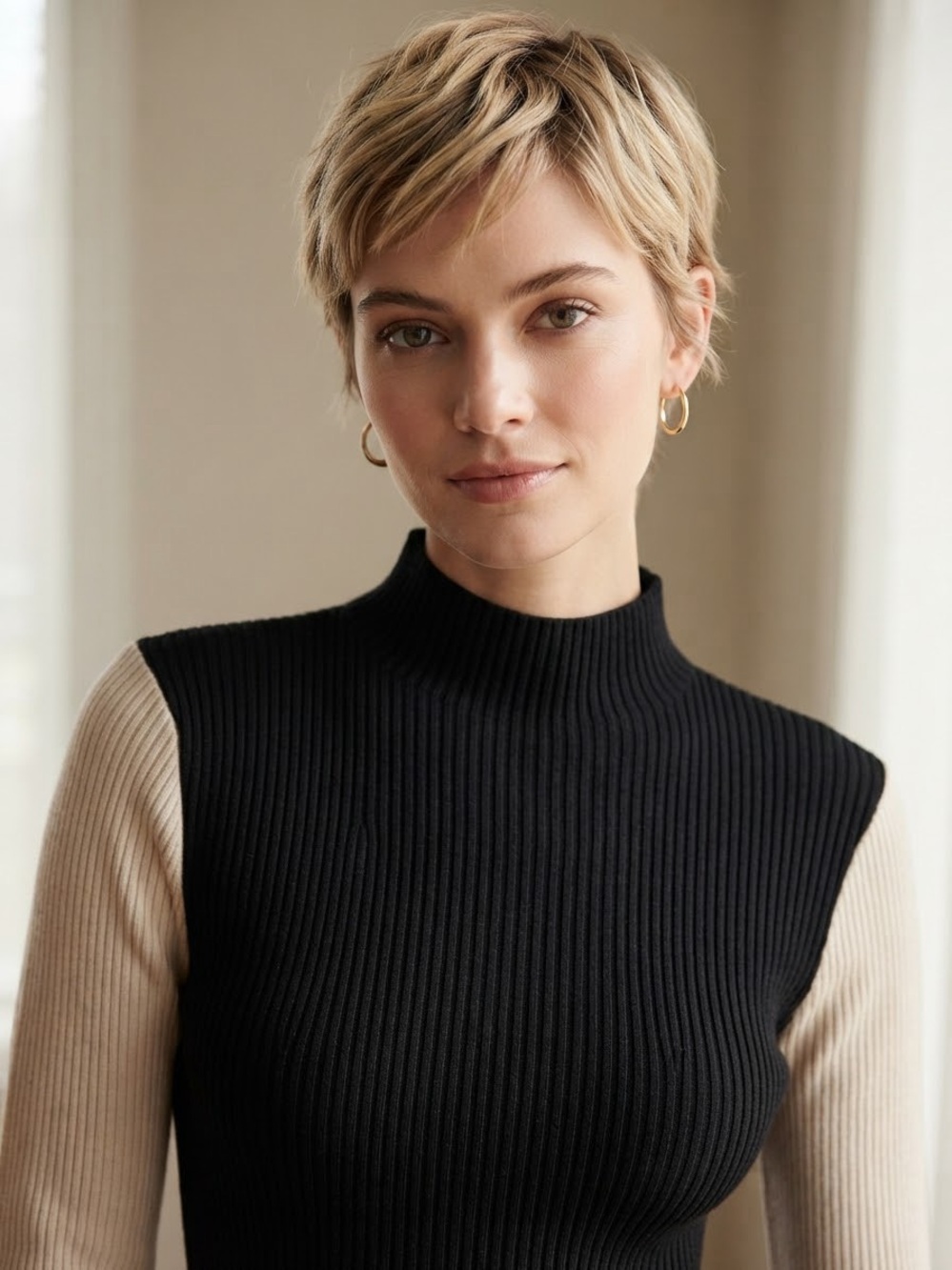 NWT Zara Black and Cream Ribbed Mock Neck Sweater